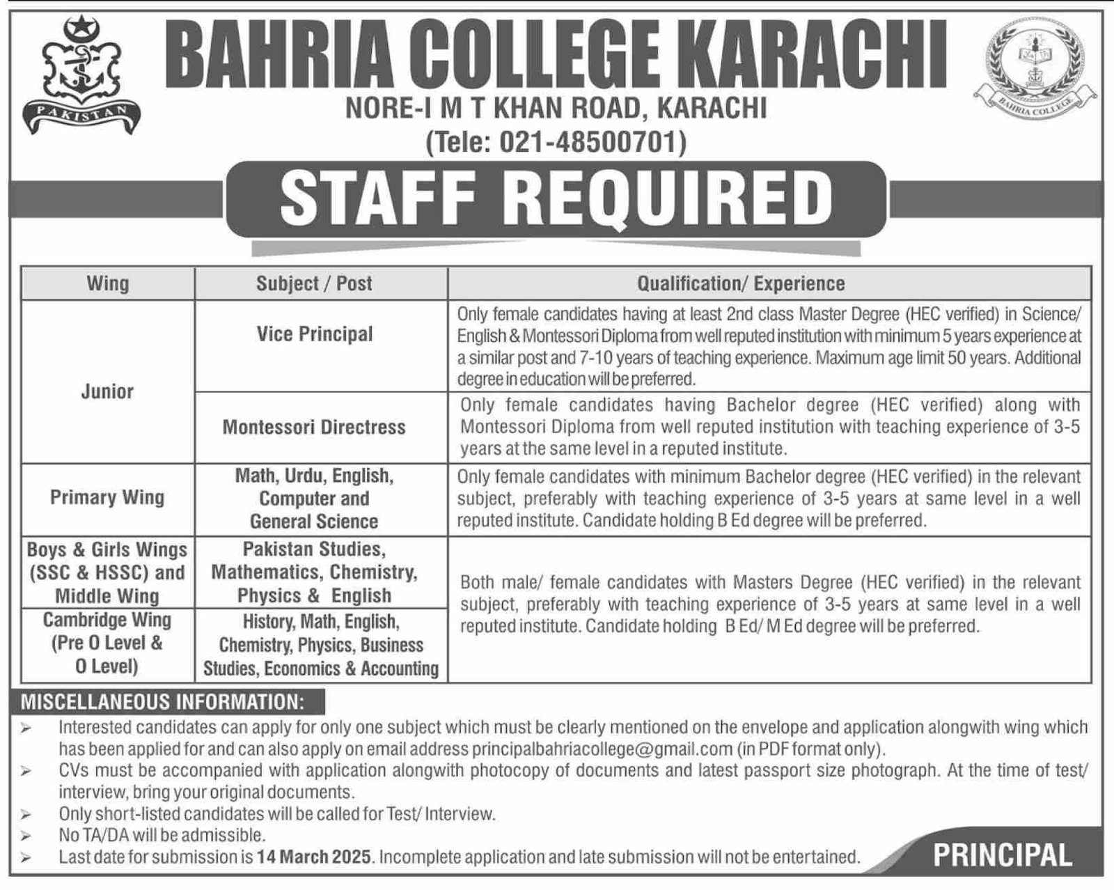 Bahria College Karachi Sindh Jobs 2025 – Bahria college karsaz Jobs 2025 — original advertisement