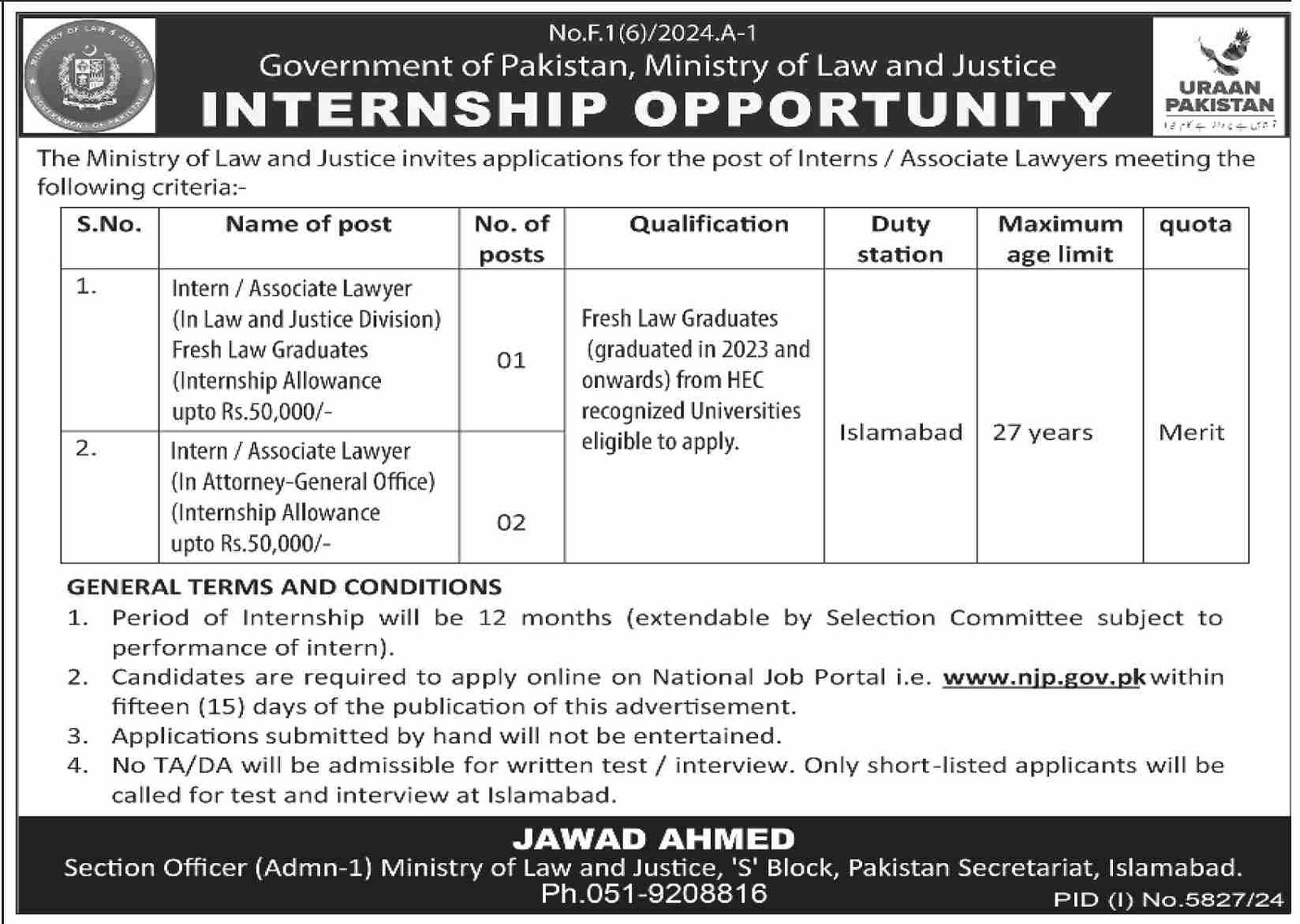 Ministry Of Law And Justice Islamabad Jobs 2025 Jobs 2025 — original advertisement