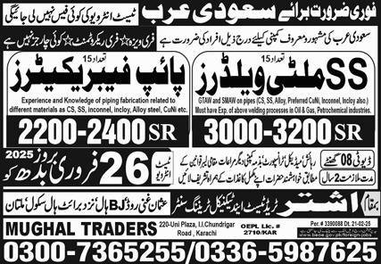 SS Multi Welder & Pipe Fabricator Jobs 2025 – Mughal Trade Test & Technical Training Center Jobs 2025 — original advertisement