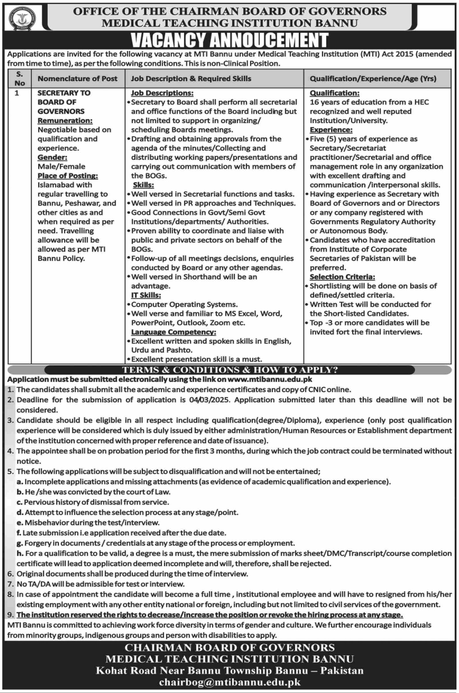 Medical Teaching Institute MTI Bannu Jobs 2025 – Medical Teaching Institute MTI Khyber Teaching Hospital Peshawar Kpk Jobs 2025 — original advertisement
