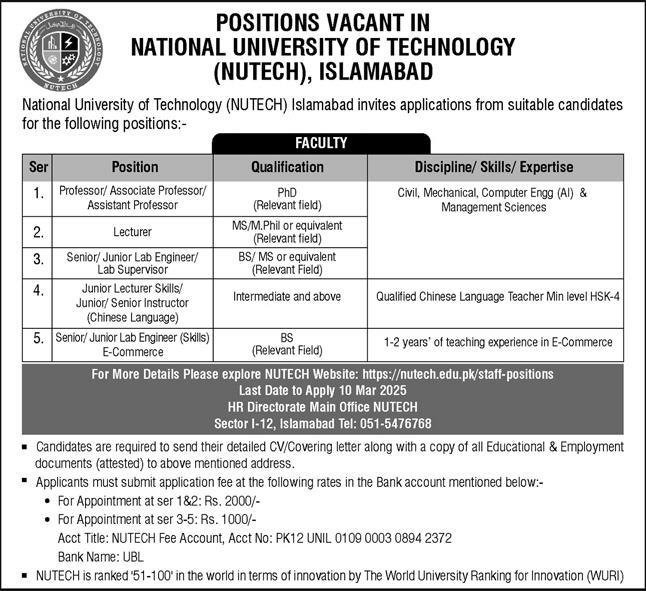 National University of Technology Nutech Islamabad Jobs 2025 Jobs 2025 — original advertisement