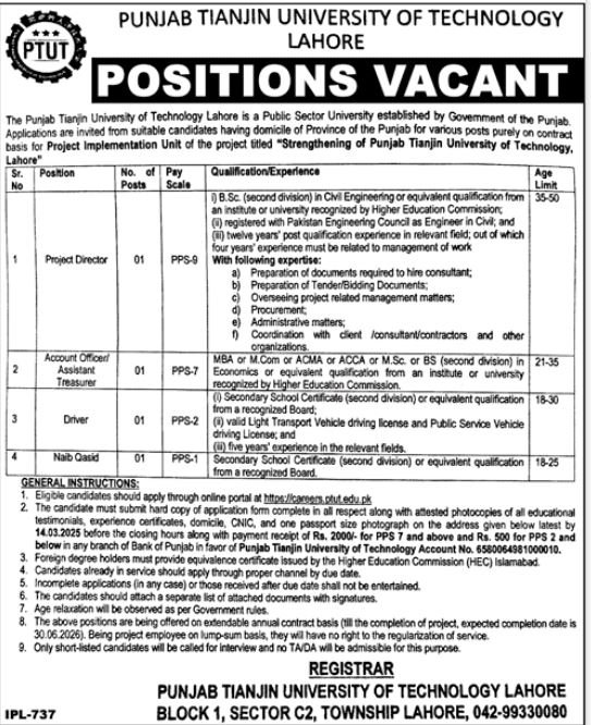 Punjab Tiajin University of Technology Lahore Jobs 2025 – Punjab Tianjin University of Technology Lahore Jobs 2025 — original advertisement