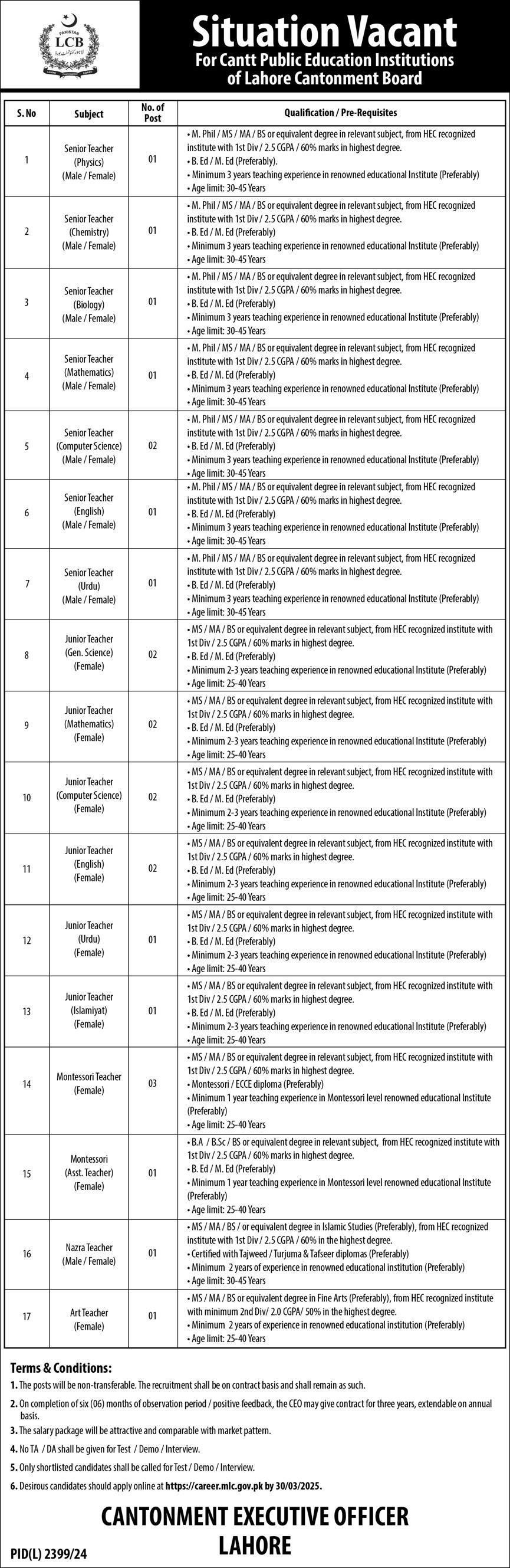 Lahore Cantonment Board Punjab Jobs 2025 Jobs 2025 — original advertisement