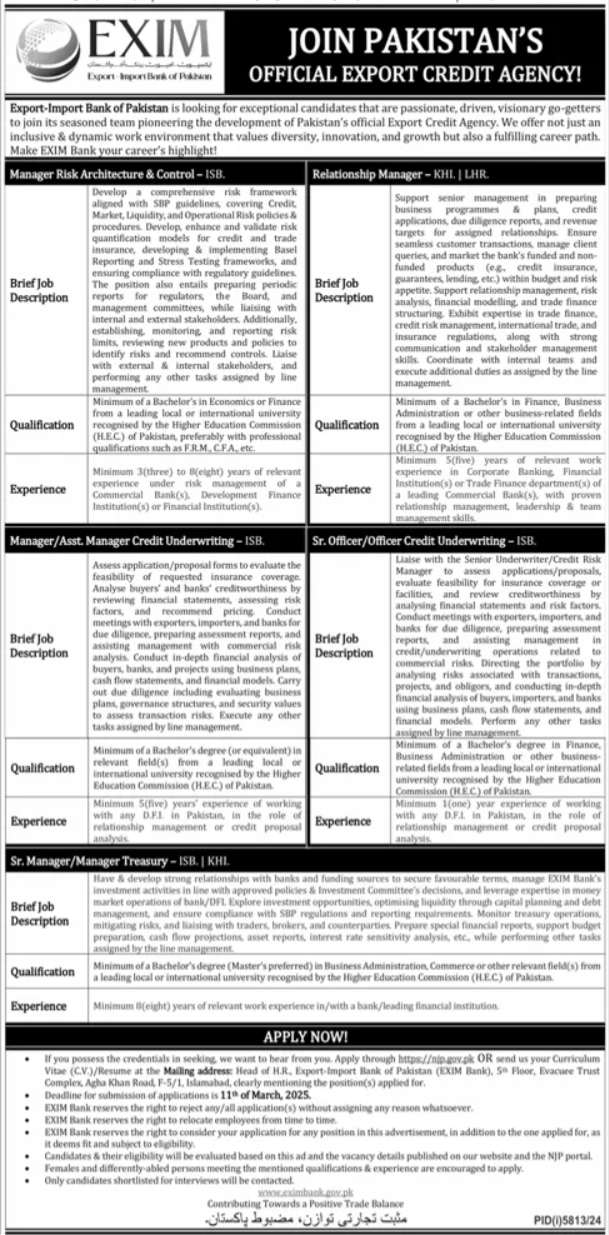 Exim Import Bank Of Pakistan Islamabad Jobs 2025 – EXIM Bank of Pakistan Jobs 2025 — original advertisement