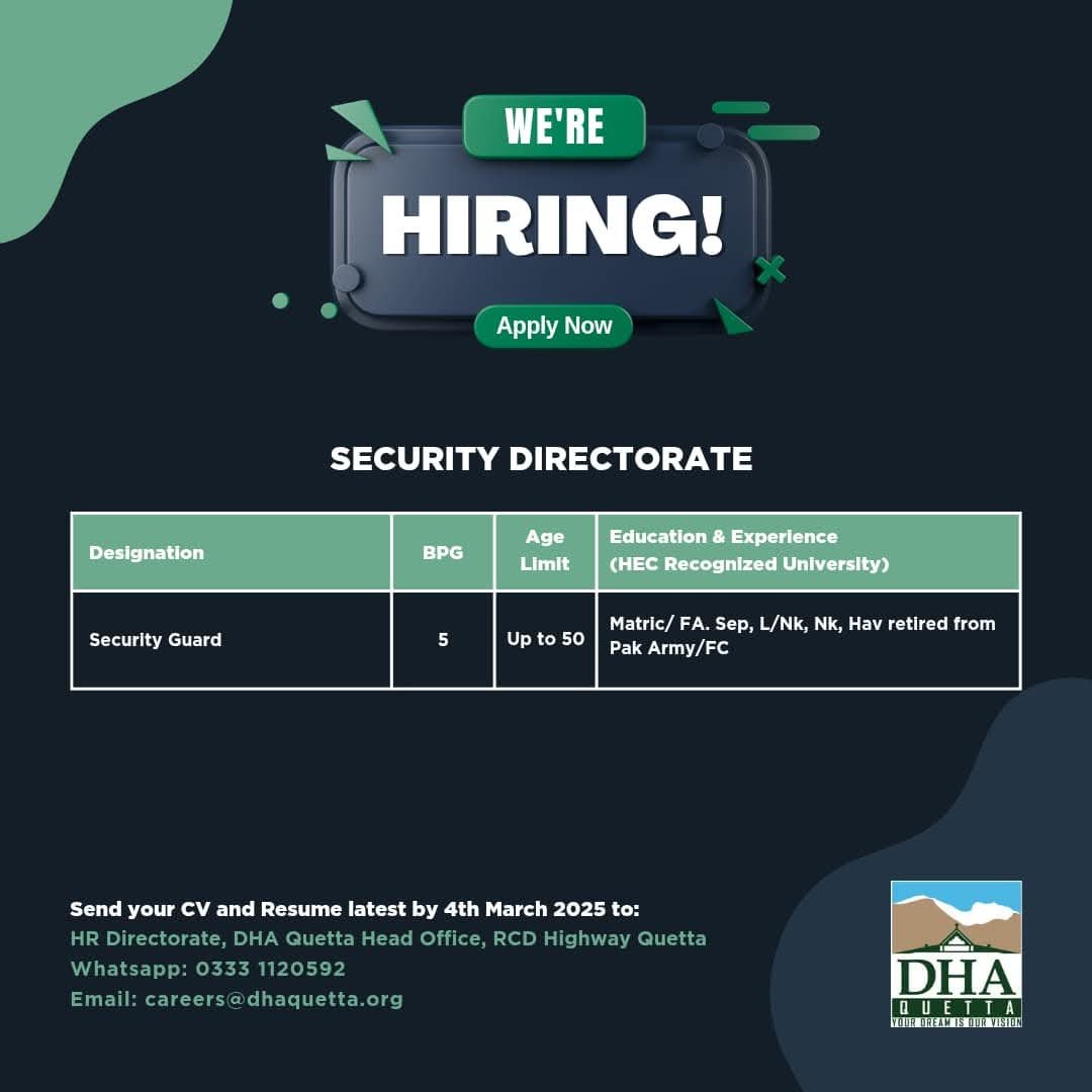 Defence Housing Authoritie DHA Quetta Jobs 2025 – Defence Housing Authority Jobs 2025 — original advertisement