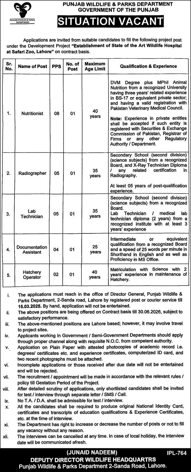 Punjab Wildlife & Parks Department Lahore Jobs 2025 – Forest Wildlife & Fishries Department Punjab Jobs 2025 — original advertisement
