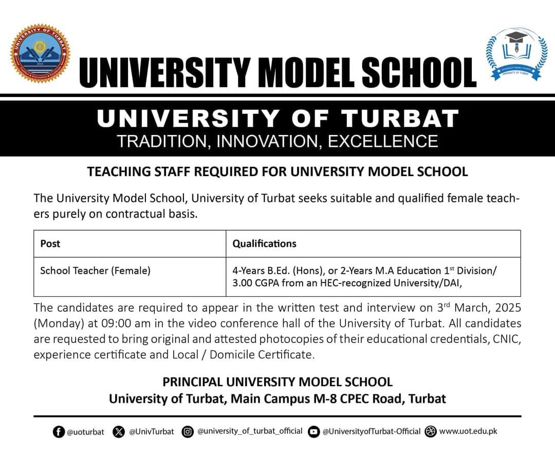 University of Turbat UOT Model Scholl Turbat Jobs 2025 Jobs 2025 — original advertisement