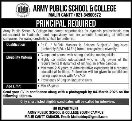 Army Public School & College APS&C Malir Cantt Jobs 2025 – Army Public School & College Paksitan Jobs 2025 — original advertisement