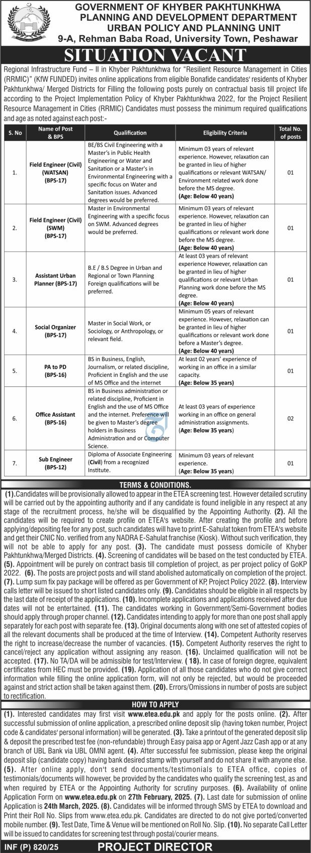 Planning And Development Department Kpk Jobs 2025 – Govt of Kpk Jobs 2025 — original advertisement
