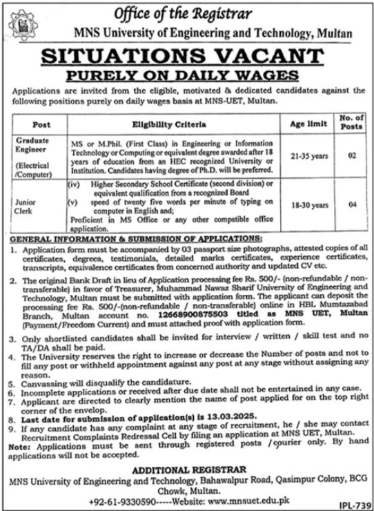 MNS University Of Engineering & Technology Multan Jobs 2025 – MNS-University of Agriculture, Multan. Jobs 2025 — original advertisement