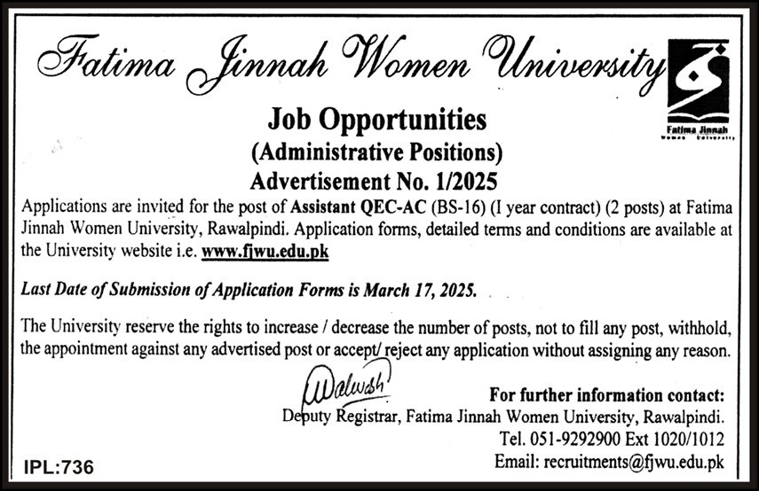 Fatima Jinnah Women University FJWU Rawalpindi Jobs 2025 – Fatima Jinnah Women University Rawalpindi Jobs 2025 — original advertisement