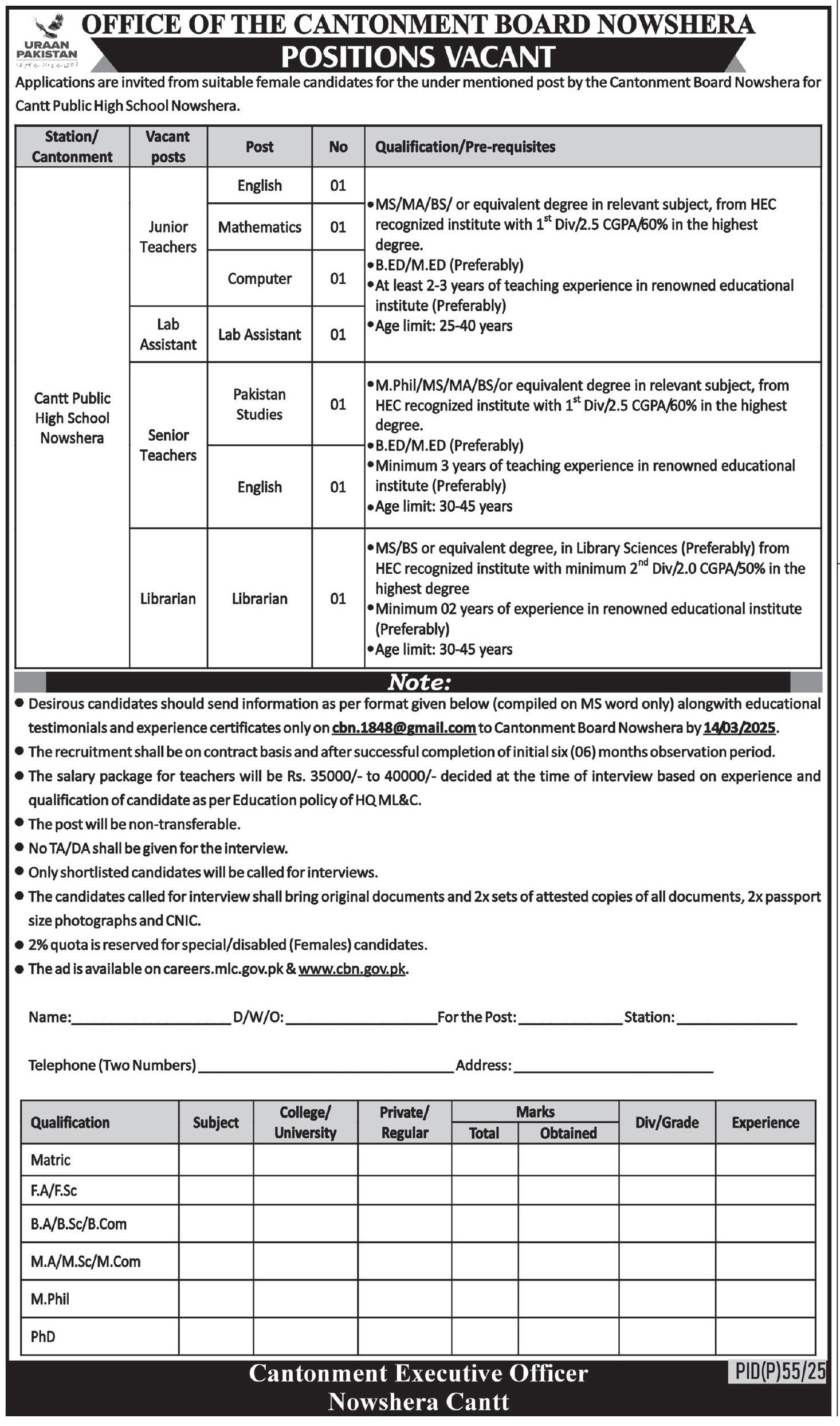 Cantt Public High School Nowshera Jobs 2025 – Cantonment Board Jobs 2025 — original advertisement