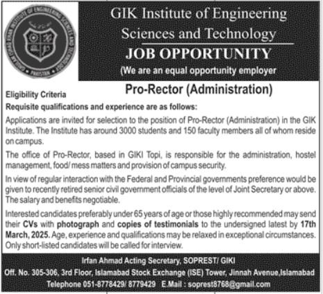 GIK Institute Of Engineering Sciences & Technology Jobs 2025 – Ghulam Ishaq Khan GIK Institute of Engineering Sciences and Technology Swabi Jobs 2025 — original advertisement