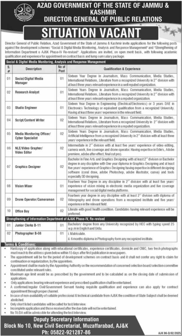 Directorate General Of Public Relations AJK Jobs 2025 – Govt of Azad Kashmir Jobs 2025 — original advertisement