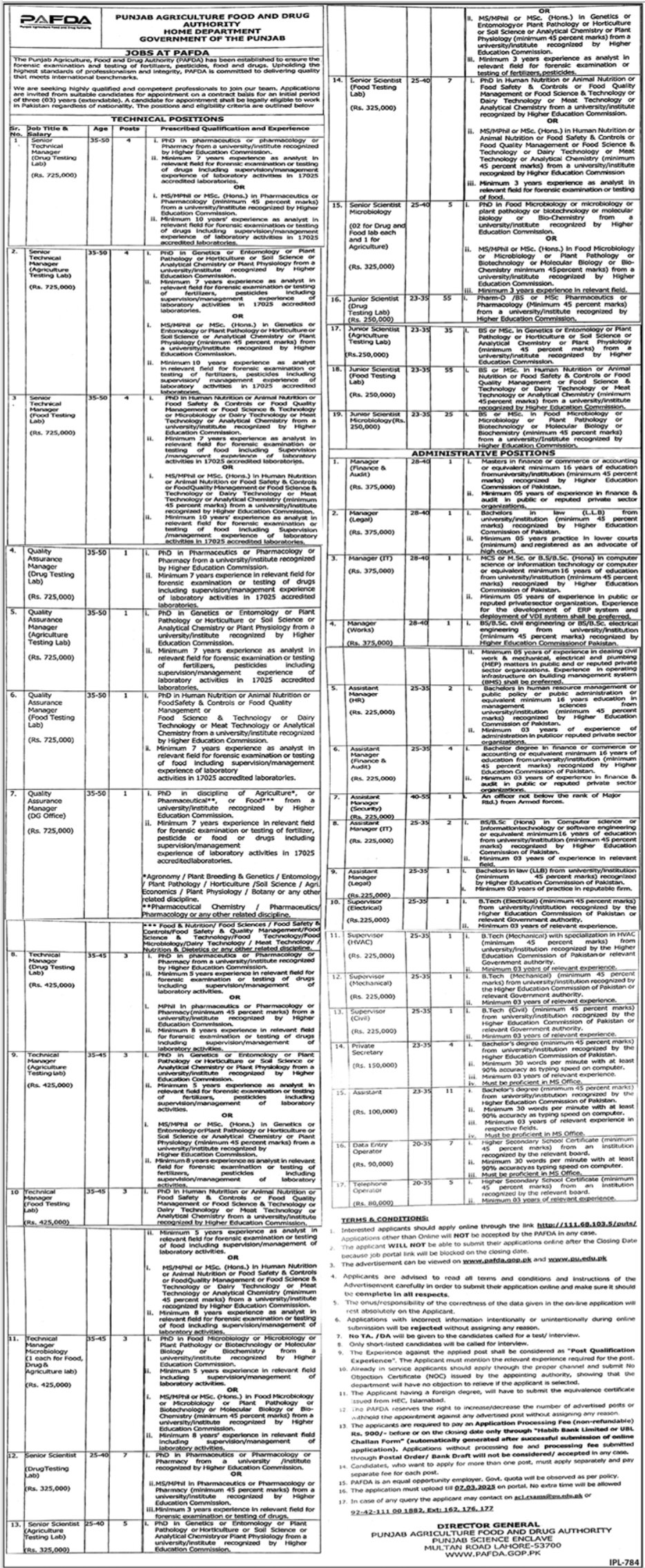 Punjab Agriculture Food & Drug Authority PAFDA Jobs 2025 – Agriculture Department Punjab Jobs 2025 — original advertisement