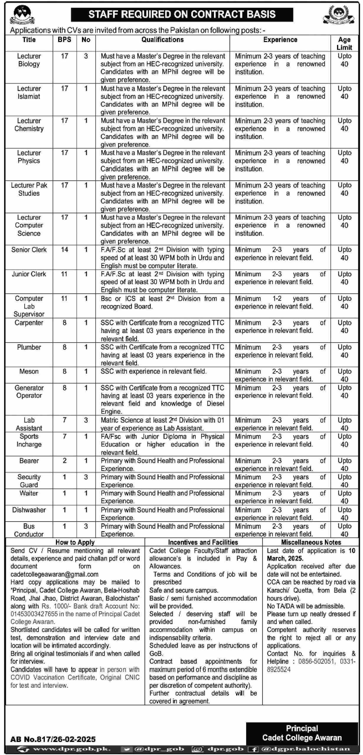Cadet College Awaran Jobs 2025 Jobs 2025 — original advertisement