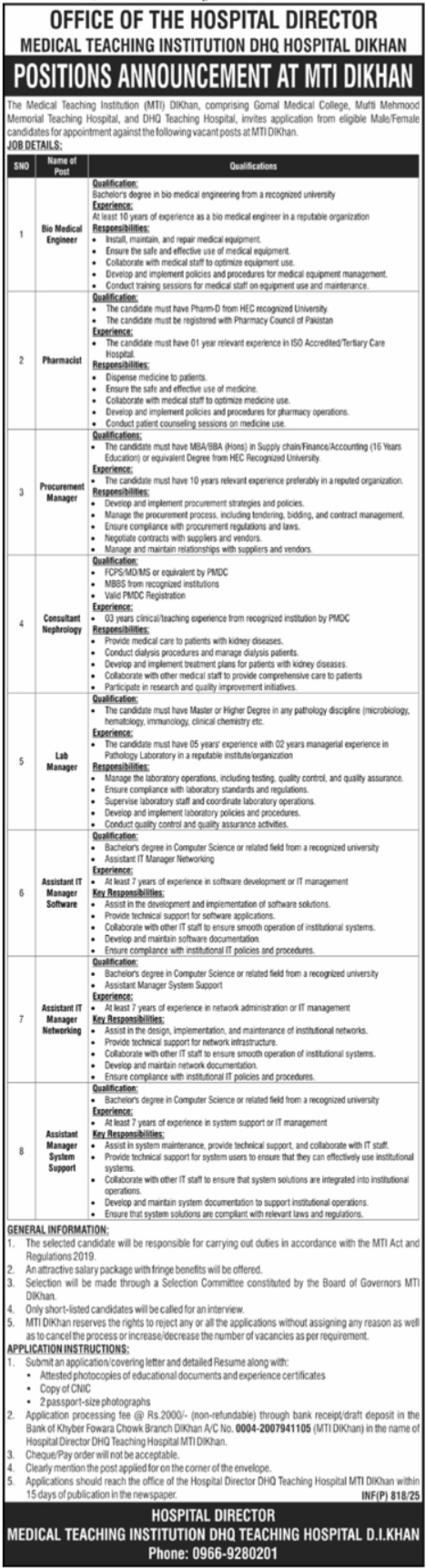 Medical Teaching Institution MTI Dera Ismail Khan Jobs 2025 – Medical Teaching Institute MTI Khyber Teaching Hospital Peshawar Kpk Jobs 2025 — original advertisement