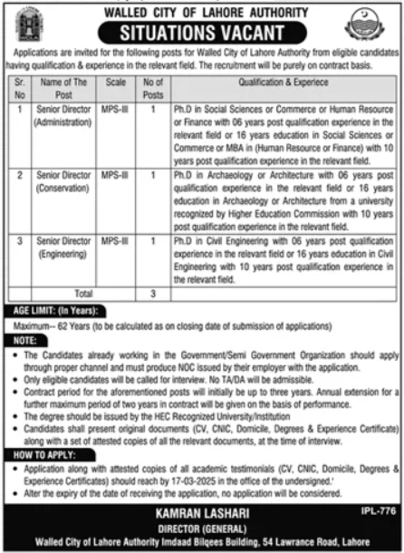 Walled City Of Lahore Authority WCLA Jobs 2025 – Walled City Of Lahore Authority WLCA Jobs 2025 — original advertisement