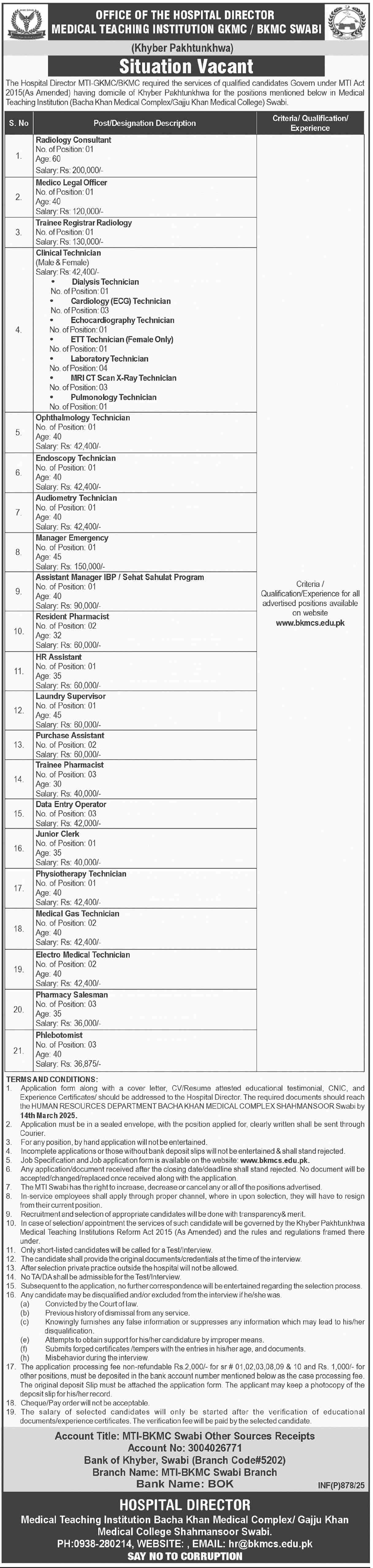 Bacha Khan Medical College BKMC GKMC Swabi Jobs 2025 – Bacha Khan Medical College Mardan Jobs 2025 — original advertisement
