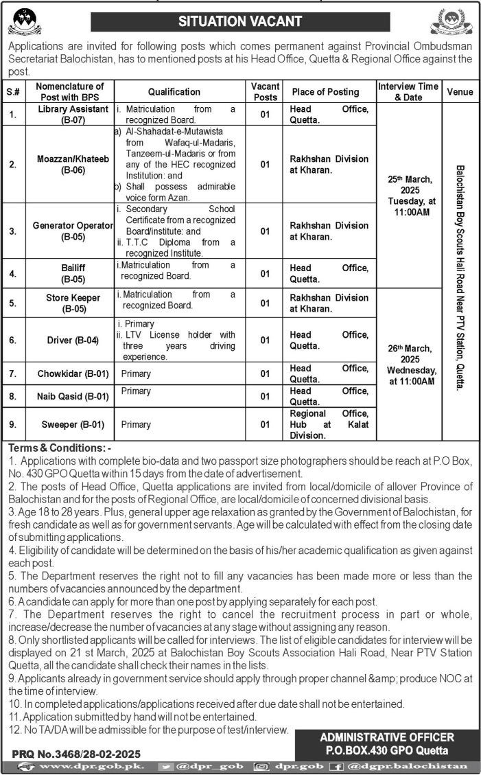 Provincial Ombudsman Secretariat Quetta Jobs 2025 – Provincial Ombudsman Mohtasib Secretariat Balochistan Jobs 2025 — original advertisement