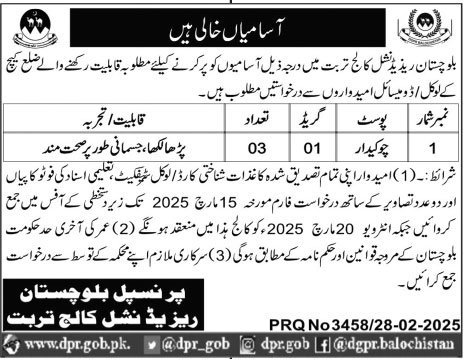 Balochistan Residential College Turbat Jobs 2025 Jobs 2025 — original advertisement