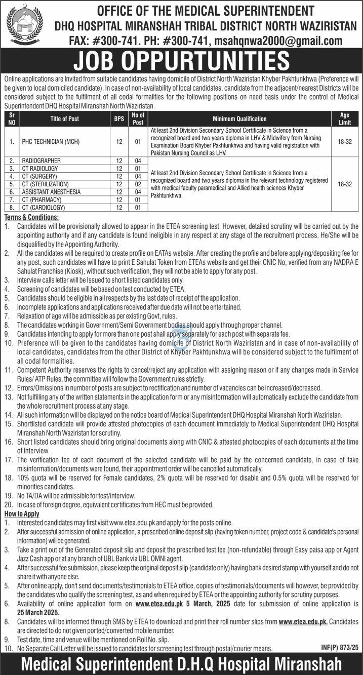 DHQ Hospital Miranshah North Wazirstan Jobs 2025 – Shaheed Farid Khan DHQ Hospital Jobs 2025 — original advertisement
