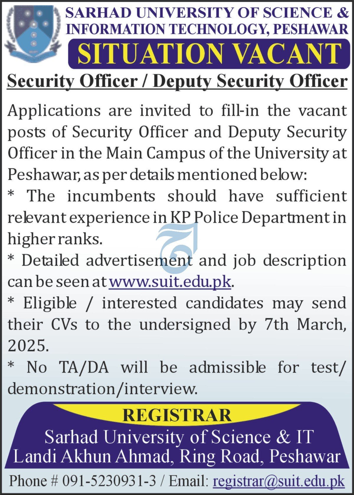 Sarhad University of Science And Information Technology Jobs – Sarhad University of Science and Information Technology Peshawar Jobs 2025 — original advertisement