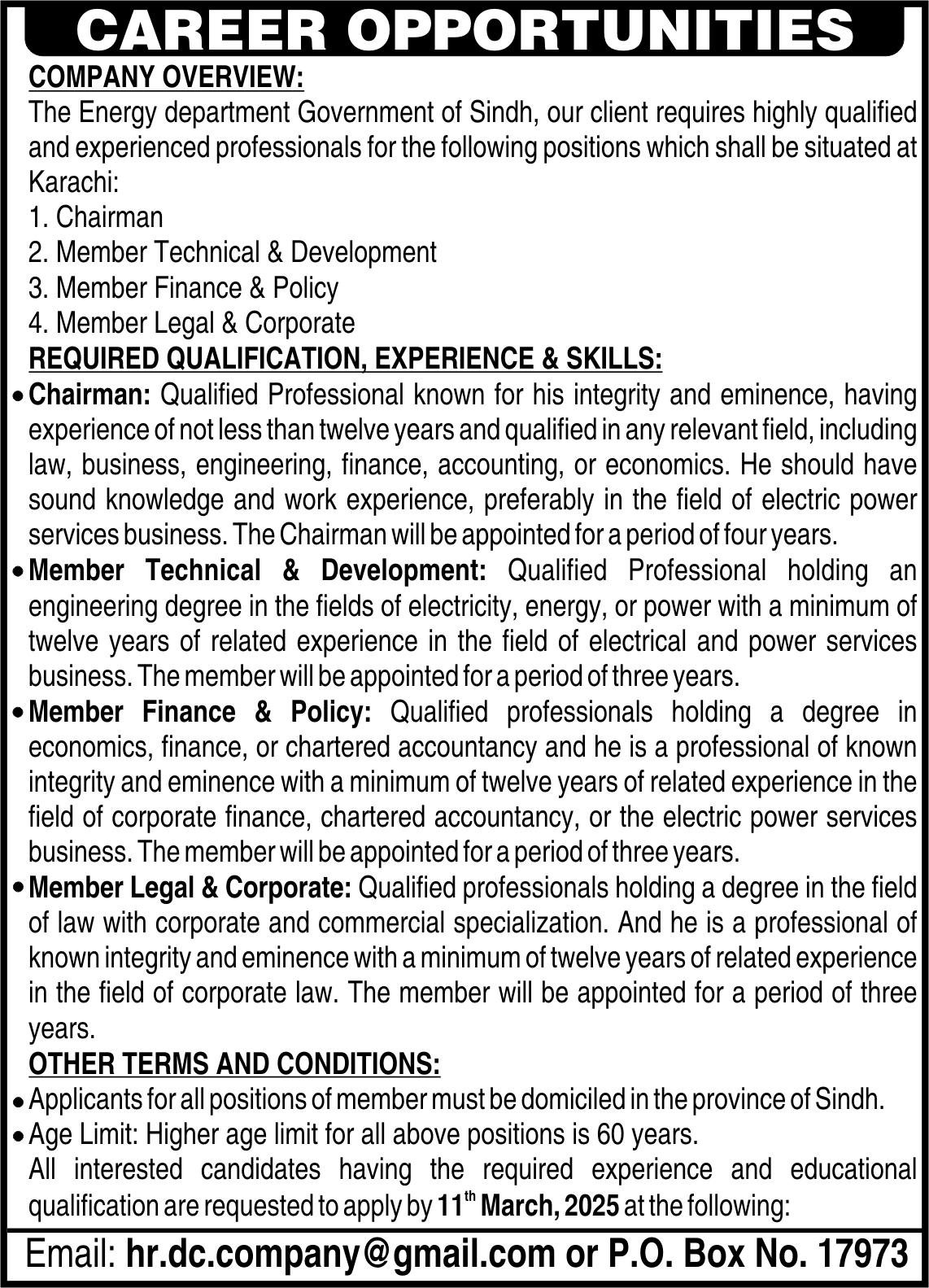 Energy Department Government Of Sindh Jobs 2025 – Energy Department Karachi Sindh Jobs 2025 — original advertisement