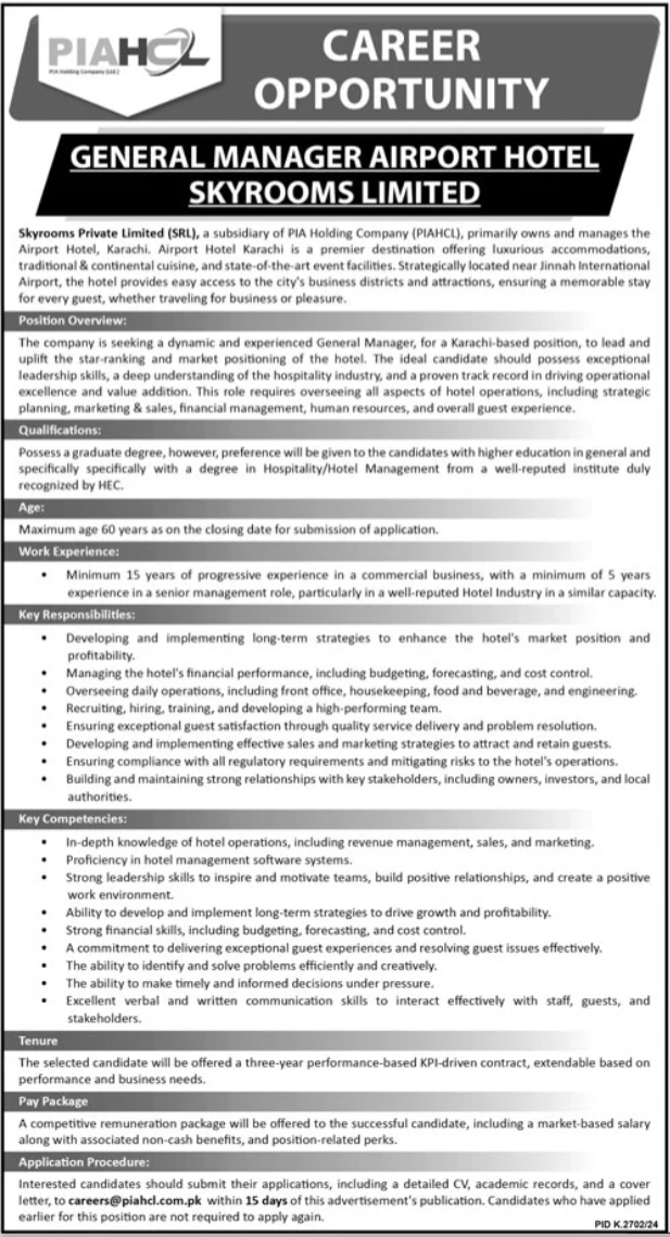PIAHCL General Manager Airport Hotel Skurooms Jobs 2025 – Private Company Jobs 2025 — original advertisement