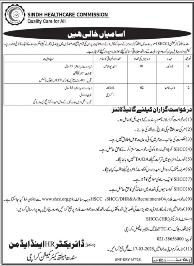 Sindh Healthcare Commission SHCC Karachi Jobs 2025 – Sindh Health Care Commission at Karachi Jobs 2025 — original advertisement