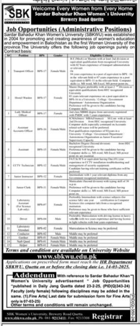 Sardar Bahadur Khan Women University Jobs 2025 – Sardar Bahadur Khan Women's University Quetta Jobs 2025 — original advertisement