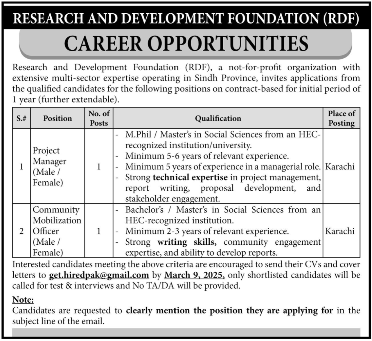 Research And Development Foundation RDF Jobs 2025 – Interactive Research and Development IRD Jobs 2025 — original advertisement