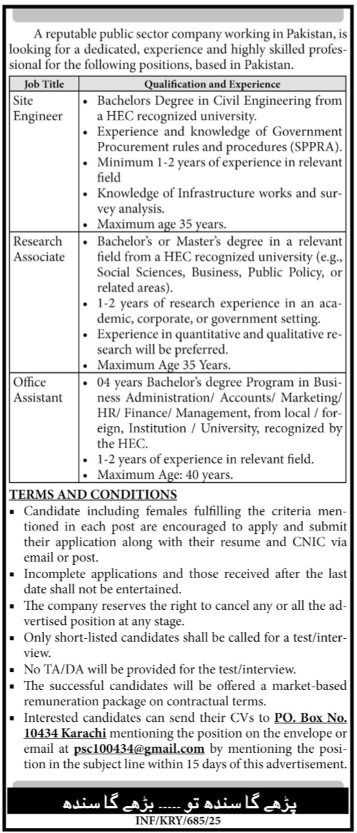 Public Sector Company Karachi Jobs 2025 – Private Company Jobs 2025 — original advertisement