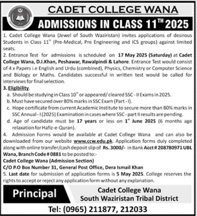 Admission Open in Cadet College Wana South Wazirstan 2025 Admissions 2025 — original advertisement