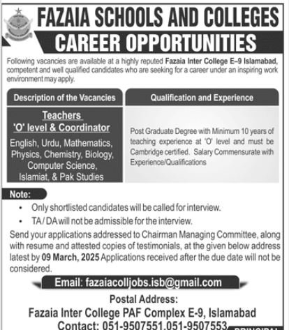 Fazaia School &  Colleges Islamabad Jobs 2025 – Fazaia Schools & Colleges Jobs 2025 — original advertisement