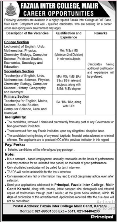 Fazaia inter College Malir Karachi Jobs 2025 – Fazaia Schools & Colleges Jobs 2025 — original advertisement