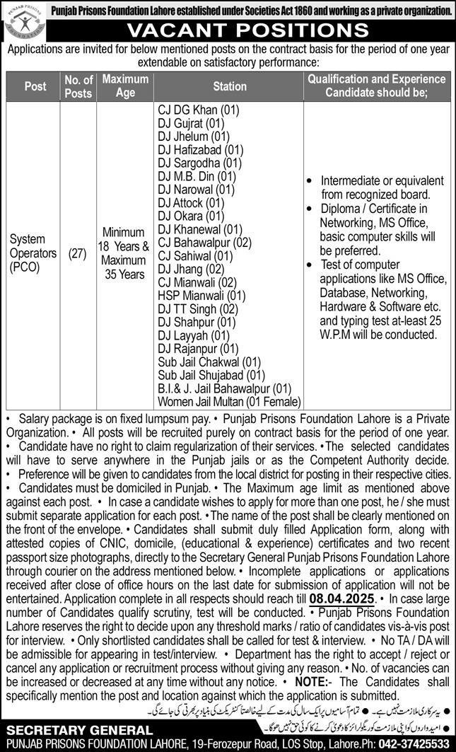 Punjab Prison Foundation Lahore Jobs 2025 – Punjab Prisons Foundation Jobs 2025 — original advertisement