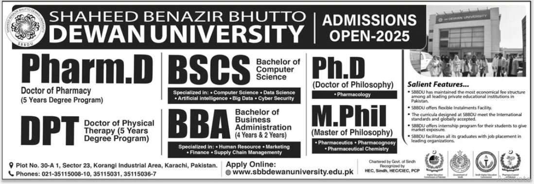 Admission Open in Shaheed Benazir Bhutto Dewan University Admissions 2025 — original advertisement