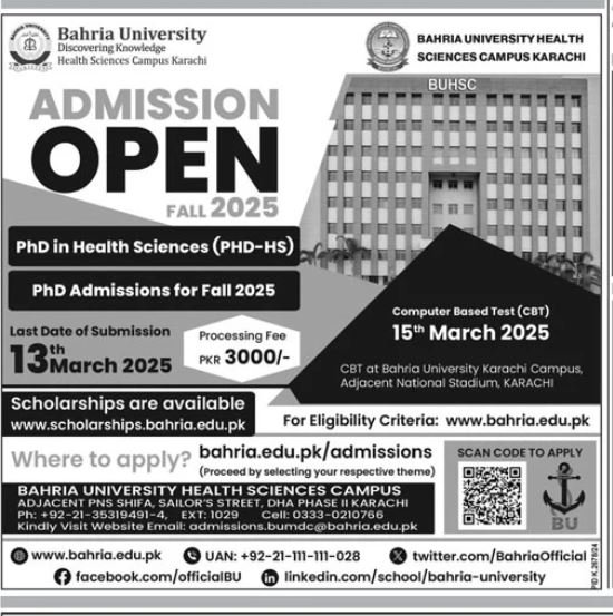 Admission Open in Bahria University 2025 Admissions 2025 — original advertisement