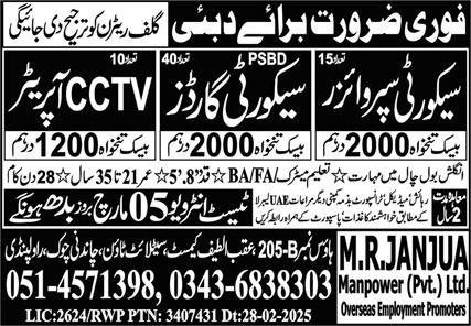 Security Supervizor And Security Guard Jobs in Dubai 2025 – MR Janjua Manpower Pvt Limited Jobs 2025 — original advertisement