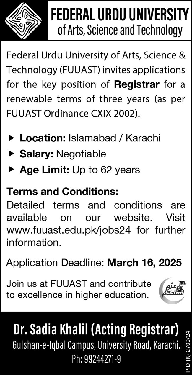 Federal Urdu University Of Arts Science And Technology Job – Federal Urdu University of Arts, Sciences & Technology, Islamabad Jobs 2025 — original advertisement