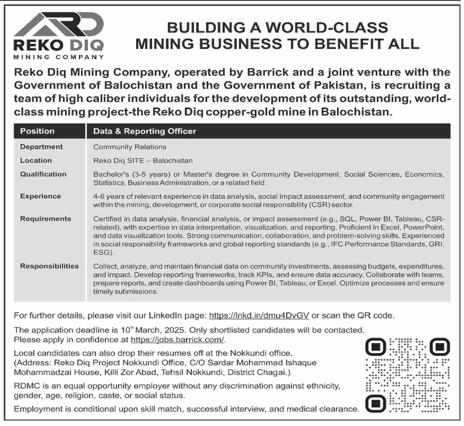Reko diq mining company jobs – Barrick Pakistan Jobs 2025 — original advertisement