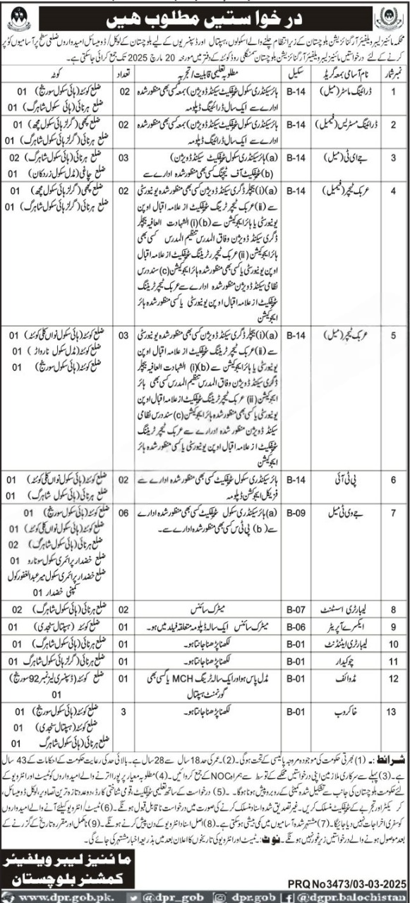 Mines Labor Welfare Organization Balochistan Jobs 2025 – Mines Labour Welfare Boys Higher Secondary School Jobs 2025 — original advertisement