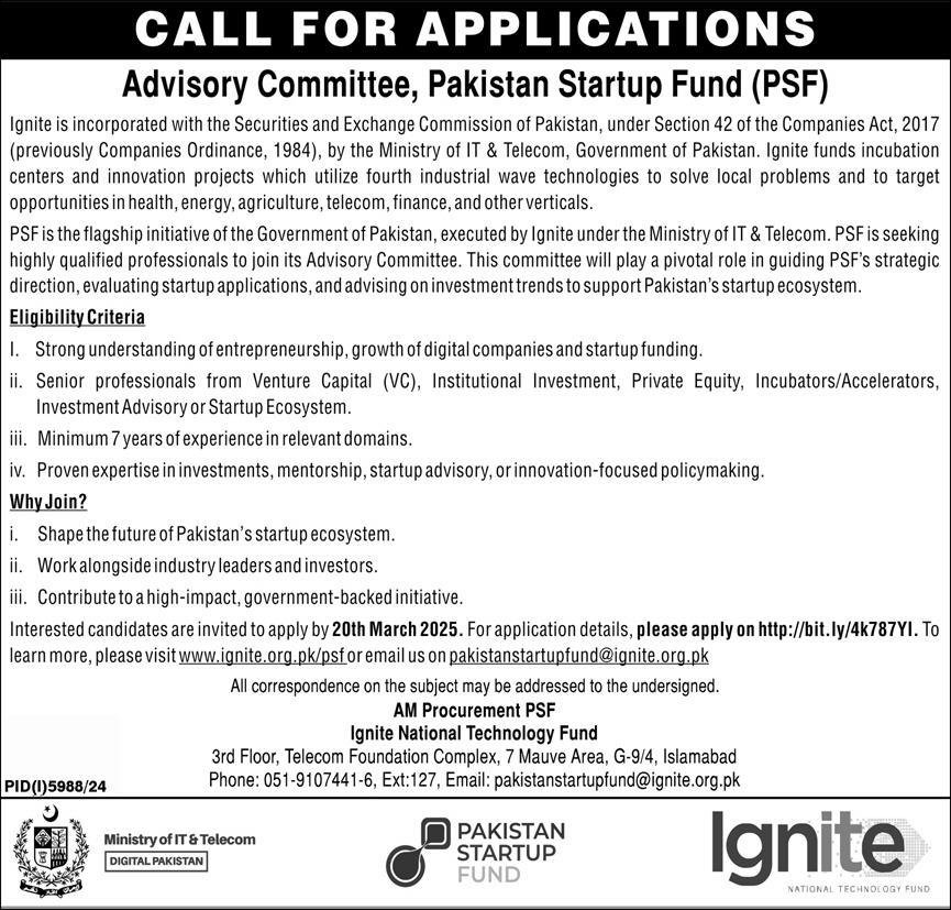 Ignite National Technology Fund Islamabad Jobs 2025 – Ministry of Information Technology and Telecommunication Jobs 2025 — original advertisement