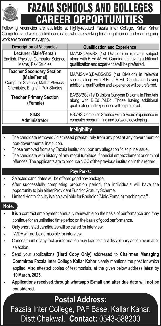 Fazaia Inter College Kallar Kahar Jobs 2025 – Fazaia Schools & Colleges Jobs 2025 — original advertisement