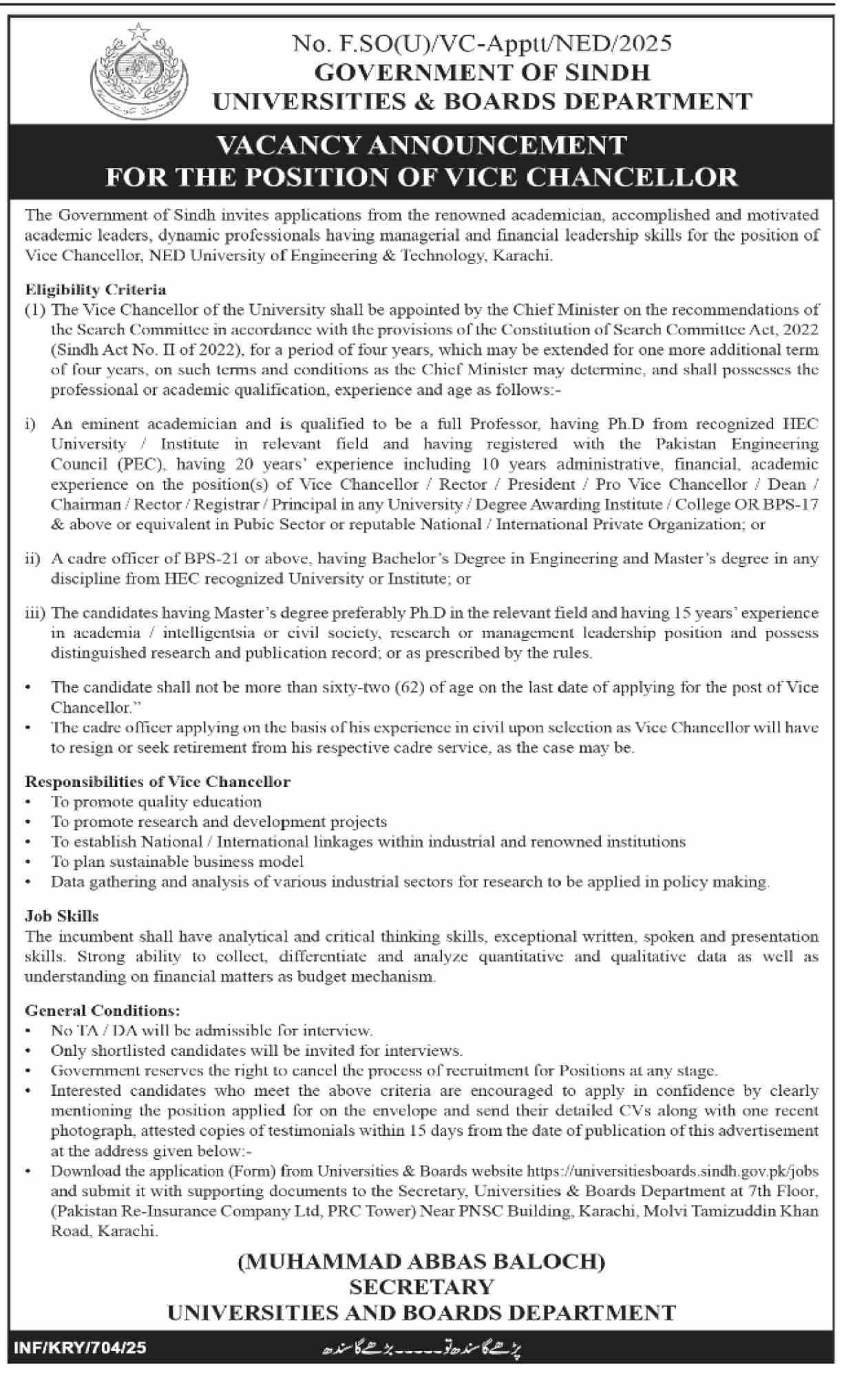 NED University Of Engineering & Technology Karachi Jobs 2025 – NED University of Engineering and Technology Jobs 2025 — original advertisement