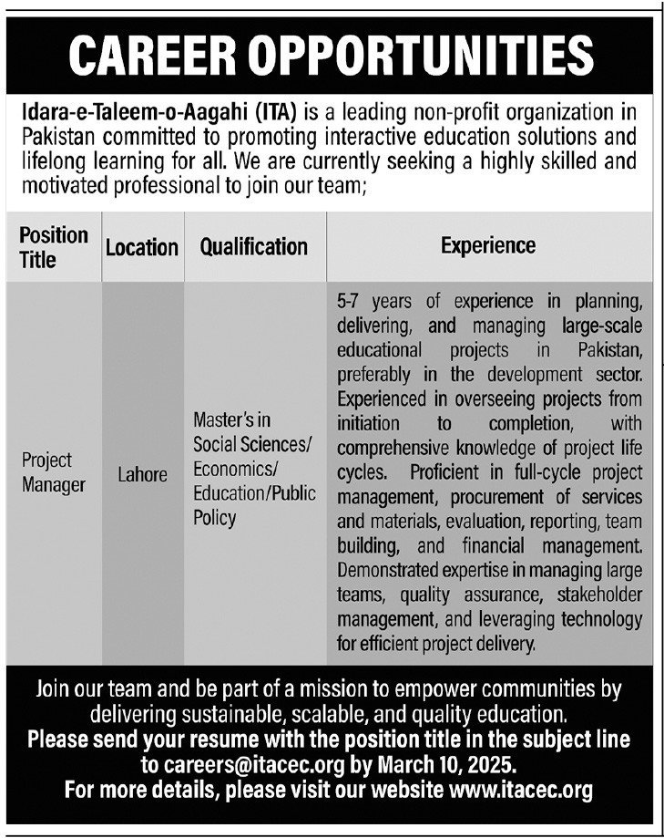 Idara E Taleem O Aagahi Punjab Jobs 2025 – Idara e Taleem o Aagahi ITA Jobs 2025 — original advertisement