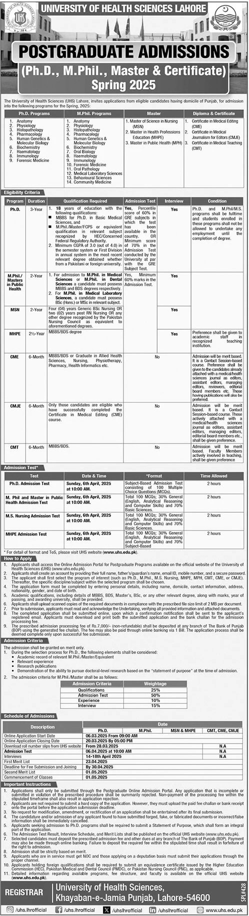 Admissions Open in University of Health Sciences Lahore 2025 Admissions 2025 — original advertisement