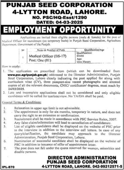 Punjab Seed Corporation Lahore Jobs 2025 Jobs 2025 — original advertisement