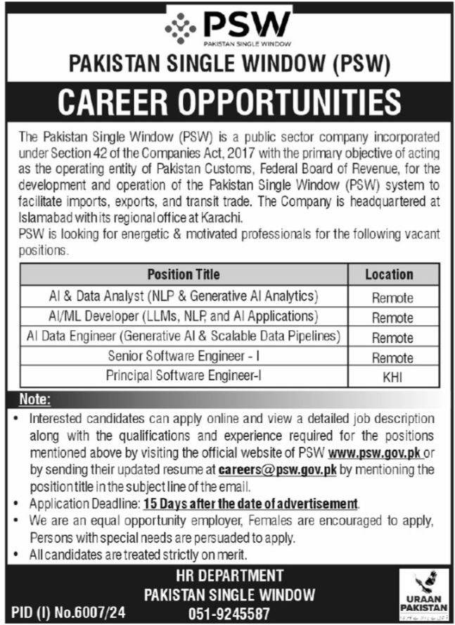 Pakistan Single Window PSW Karachi Jobs 2025 Jobs 2025 — original advertisement